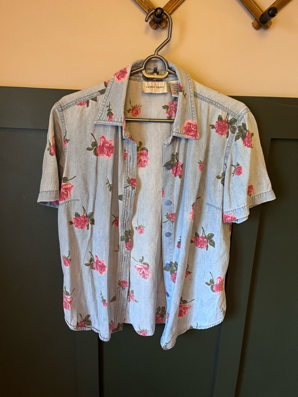 Casual Light Blue  Floral Button-Down Shirt - Pink Rose Print